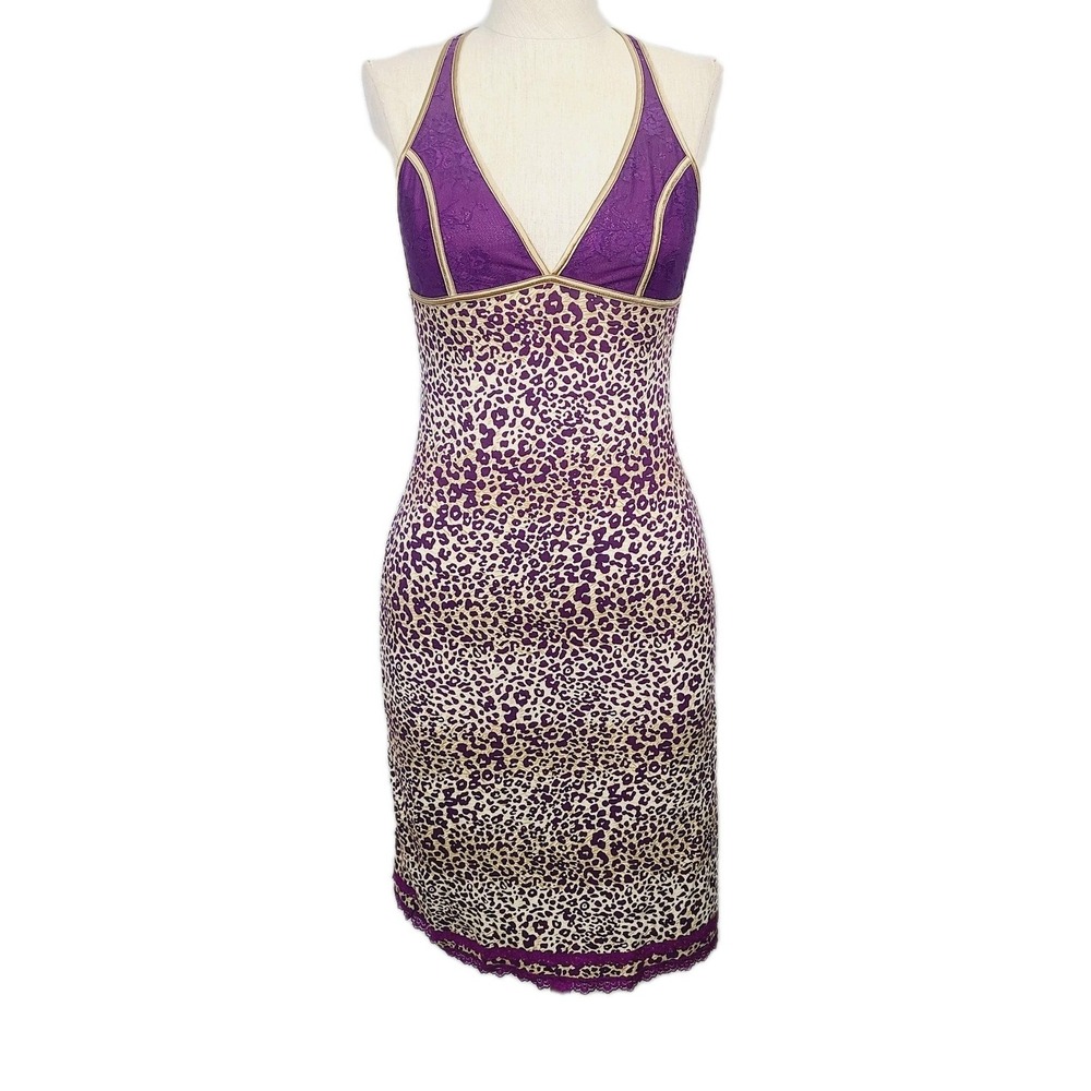 Intimately Free People New Slip Dress XS Leopard Print Purple Lace Trim‎ Y2K